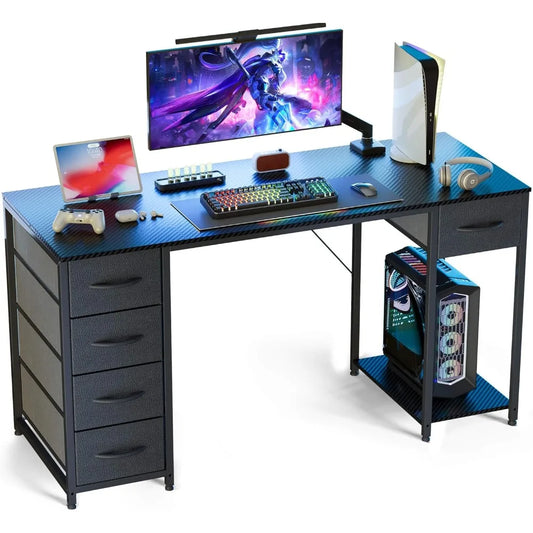 Computer Desk with 5 Fabric Drawers, 47 Inch Home Office Desk with Storage Shelves, Gaming Writing Work Study Table for Bedroom,