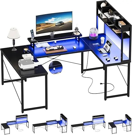 U Shaped Desk with Hutch, Reversible L Shaped Computer Desk with Power Outlets and LED Strip, Large Office Table with Monitor S