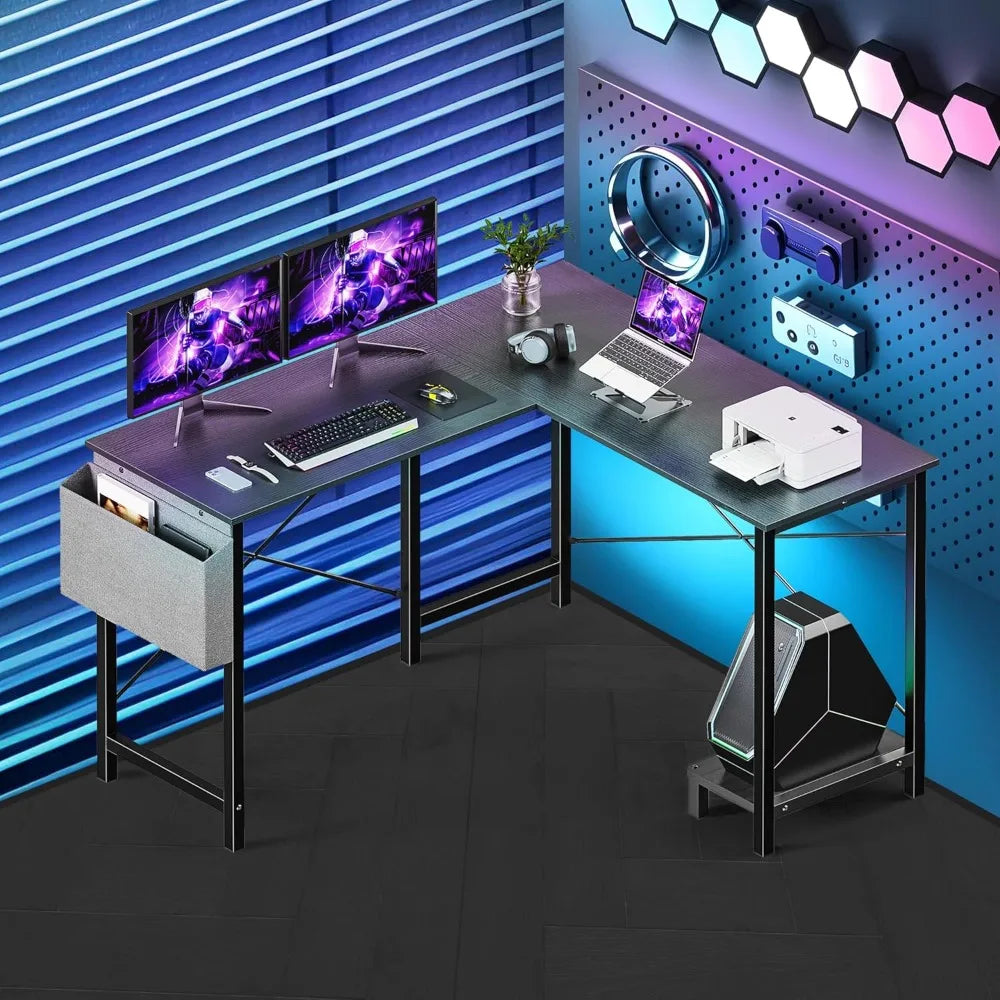 L Shaped Desk Gaming Computer 50 Inch Reversible Corner Table PC for Writing Study Student with Wood Tabletop Metal Frame CPU St