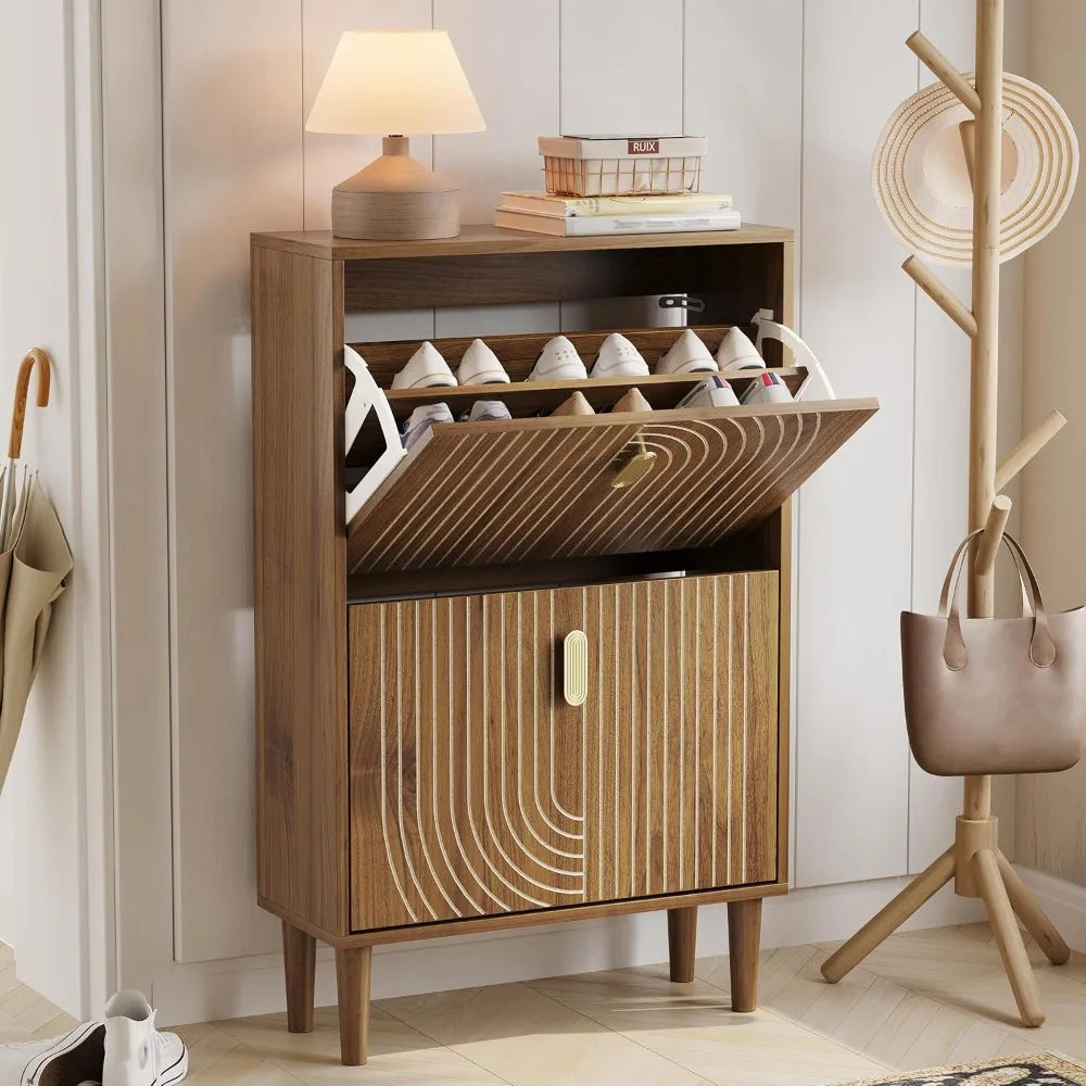 Freestanding Shoe Storage Cabinet with Dual Drawers, 23.6 Wide Metal Handle Shoe Organizer for Entryway and Narrow Spaces