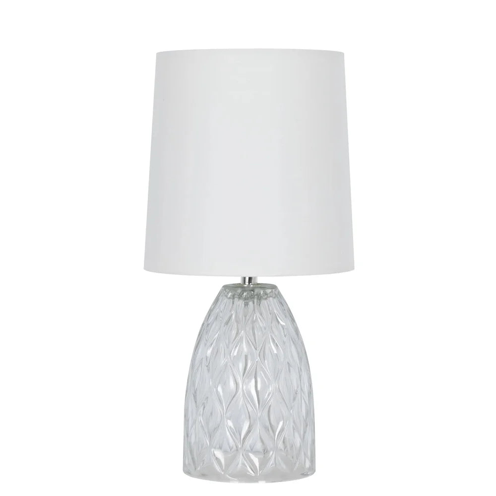 Mini Clear Glass Table Lamp with White Shade Compact Design Home Office Easy Push Thru Switch Ideal Small Spaces
