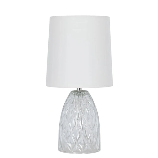 Mini Clear Glass Table Lamp with White Shade Compact Design Home Office Easy Push Thru Switch Ideal Small Spaces