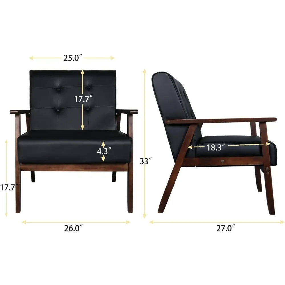 "Black Faux Leather Sofa Set - Loveseat & 2 Accent Chairs, Mid-Century Modern for Office/Waiting Room"