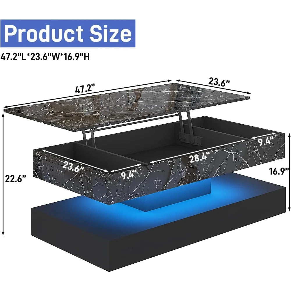 Large Lift Top Coffee Table with Charging Station, LED Modern High Glossy Center Table with Hidden Compartment Storage