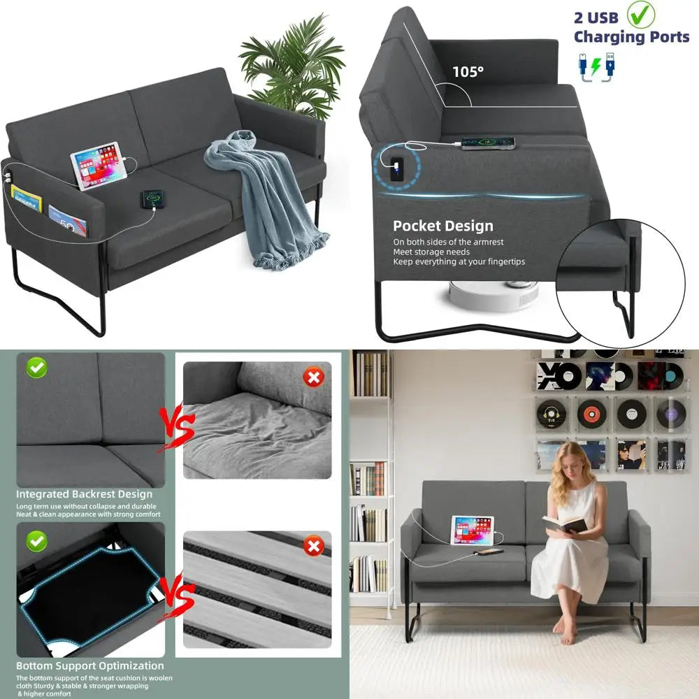 compact 51" grey loveseat sofa with usb ports for cozy living spaces