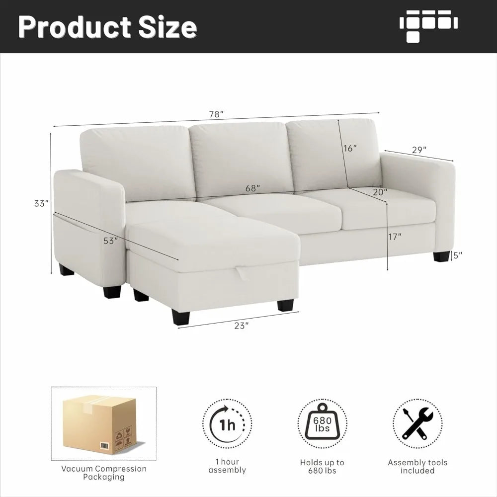 Sectional Sofa Couches for Living Room - 78''Convertible Modular Three-Seater L-Shaped Pet-Friendly Couch,Washable Sofa Cover-Be