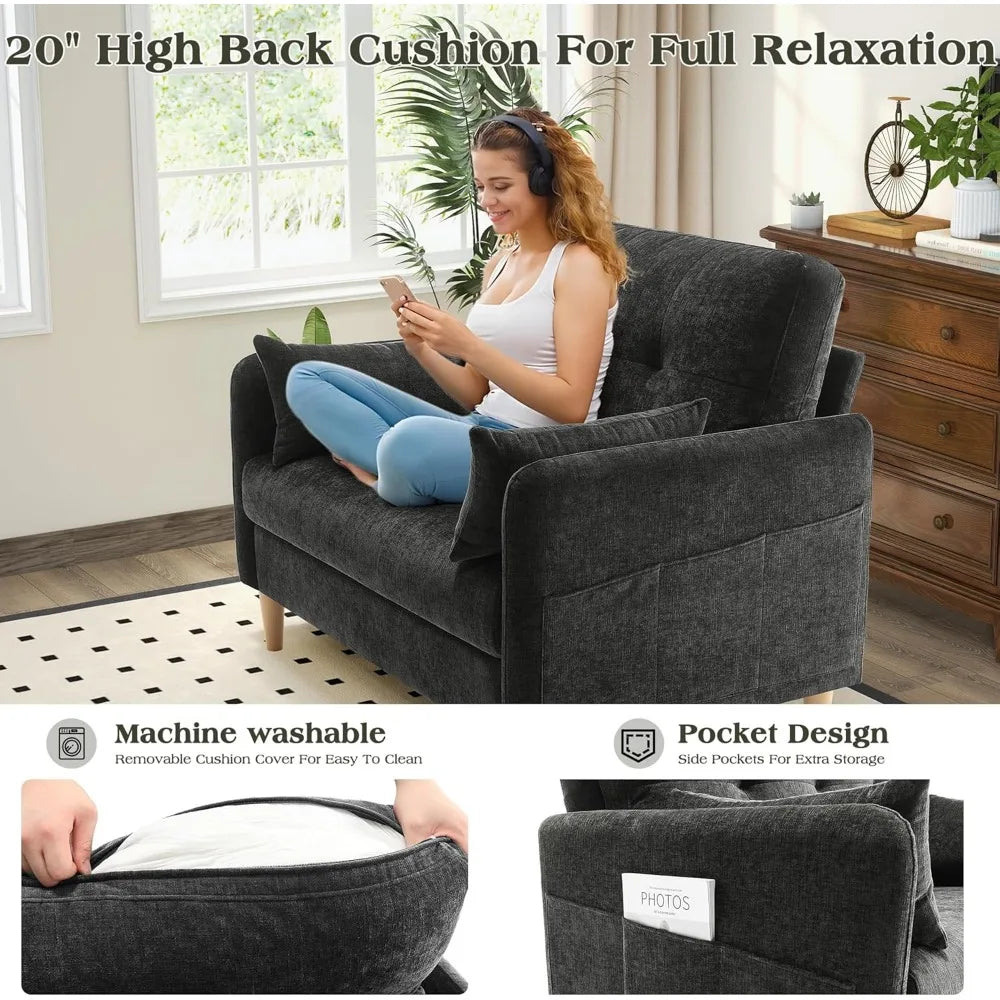 compact 47" loveseat sofa with comfy chenille fabric and removable throw pillow