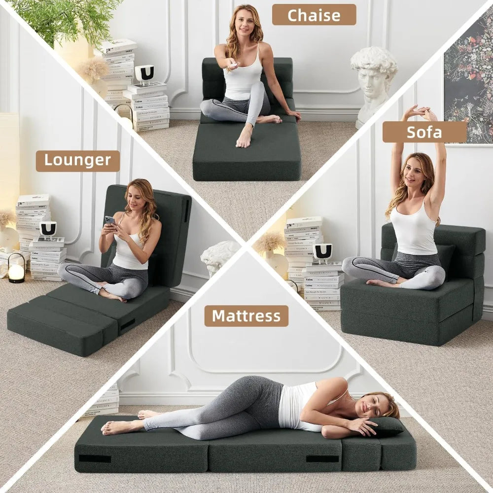 Convertible Folding Sofa Bed - Sleeper Chair with Pillow, Modern Linen Fabric, Futon Couch, Foldable Mattress