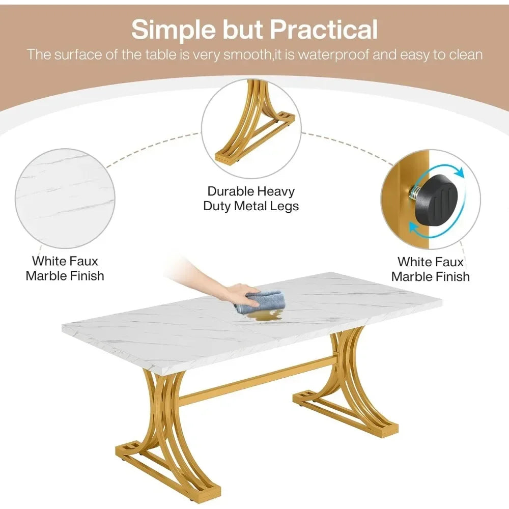 5FT Conference Table for 4 to 6, 63" W x 31.5" D Modern Meeting Table with Faux Marble Tabletop, White and Gold Business