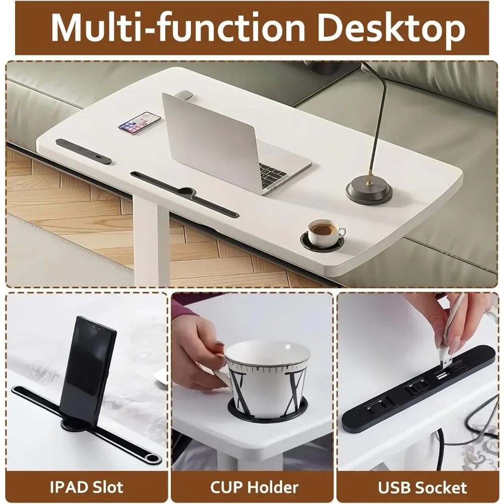 Overbed Bedside Table with Wheels, Height Adjustable Hospital Bed Table, Mobile Laptop Computer Standing Desk Cart with USB Port