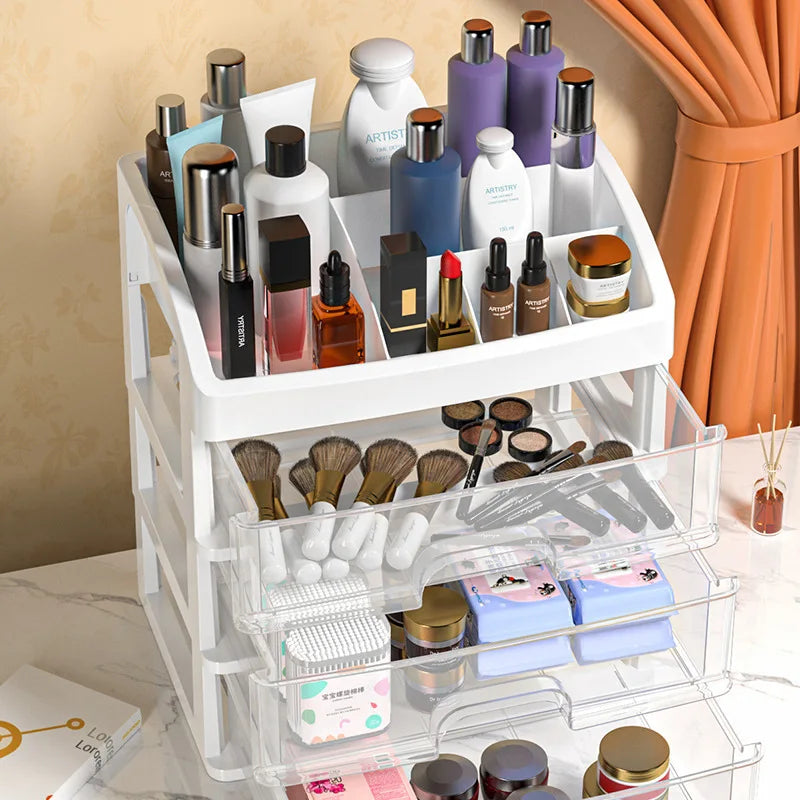 Multi-Layer Office Desktop Storage Box Cosmetic Organizer with Drawers - Transparent Storage Box for Makeup File