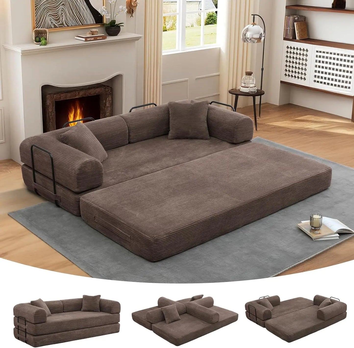 Convertible Folding Sofa Bed - Modular Floor Couch with Removable Backrest, Corduroy & Fixed-Frame