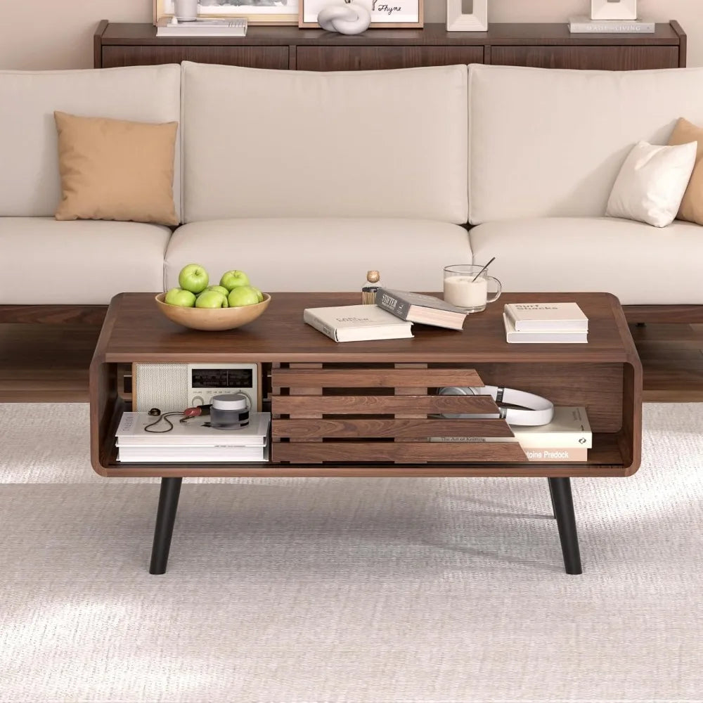 Mid Century Modern Coffee Table - Coffee Table for Living Room, 39.4 Fluted Design with Sliding Door Storage & Open Shelves