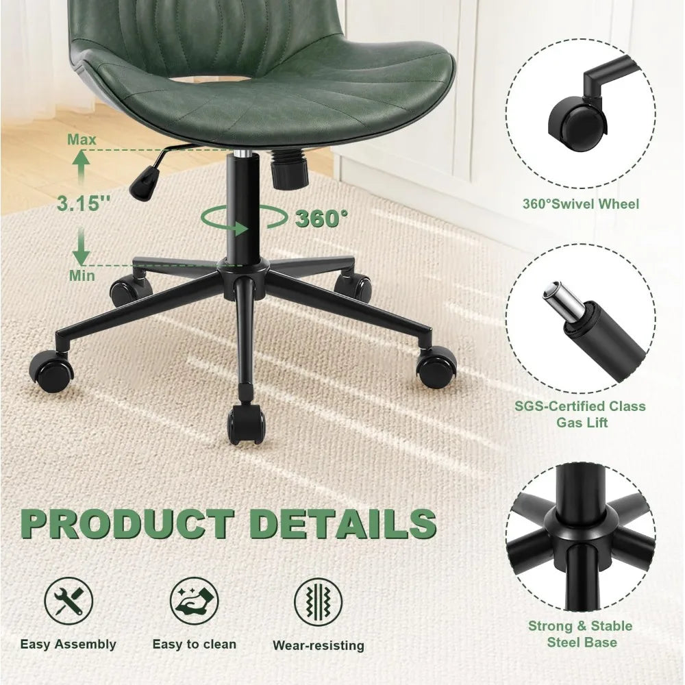 Office Chair, Armless Desk Chair with Wheels, Ergonomic Comfy Home Office Computer Task Chairs,Faux Leather Padded Cute Vanity C
