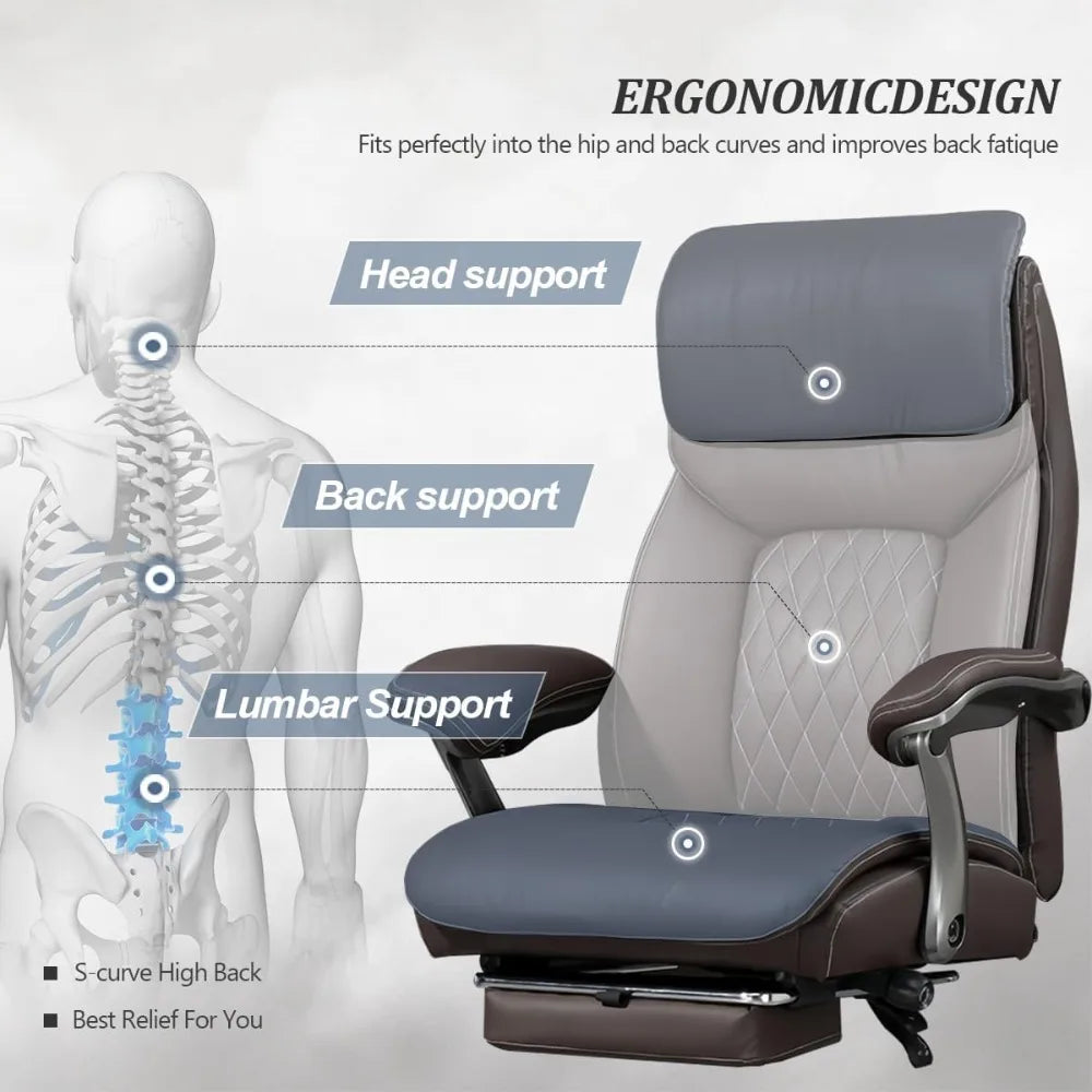 Big and Tall Office Chair 600 lbs Extra Wide Leather Luxury Executive Chair with Retractable Footrest, Heavy-Duty Ergonomic Chai