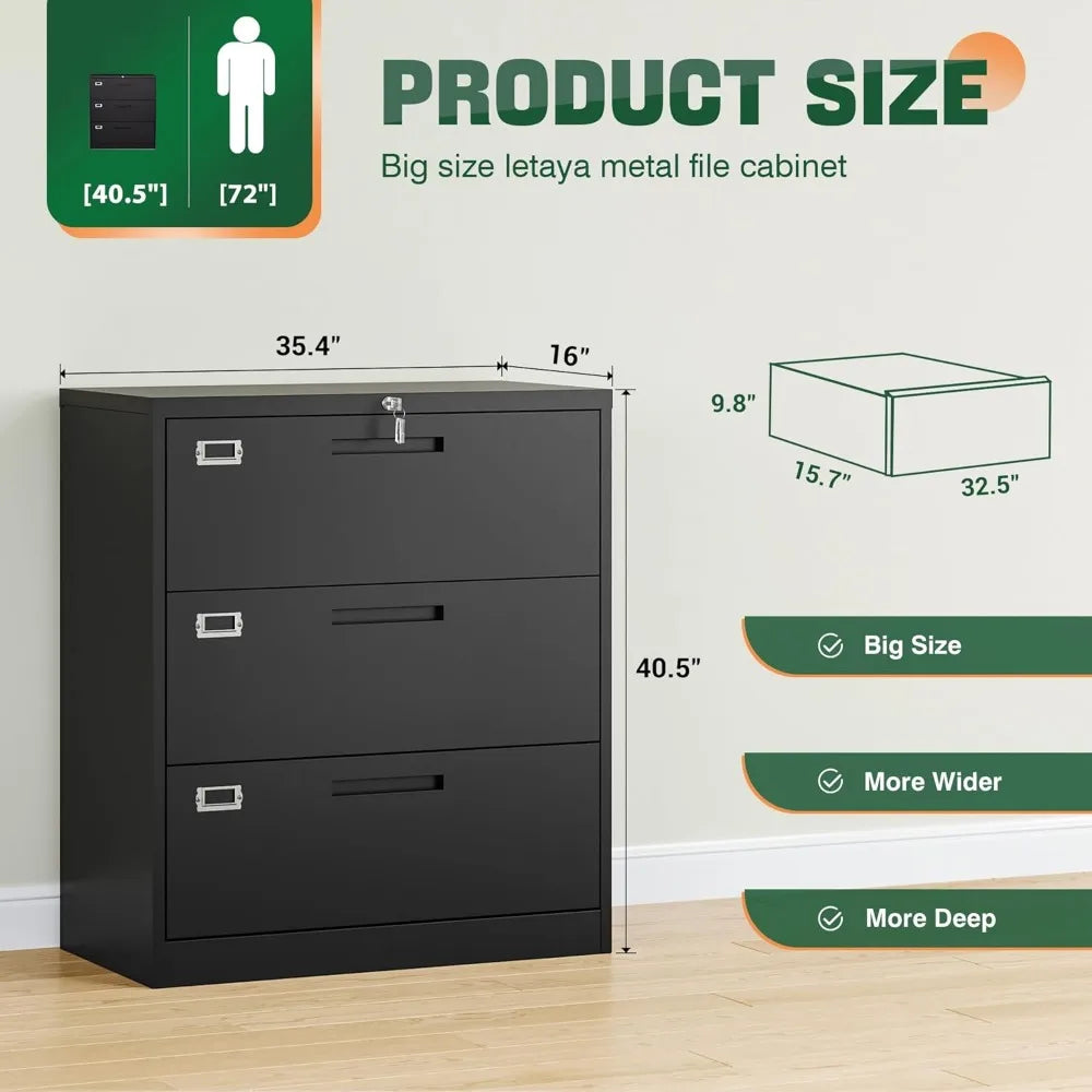 Lateral 3 Drawer File Cabinets with Lock, Metal Filing Storage Vertical Cabinets