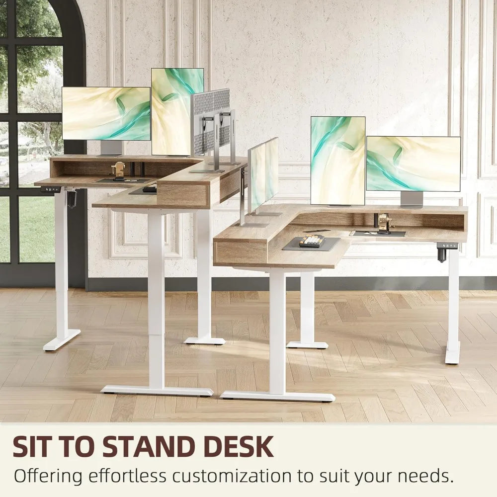 63'' L-Shaped Standing Desk with LED Light Strip and Power Outlet, Height Adjustable Corner Table with Ergonomic Monitor