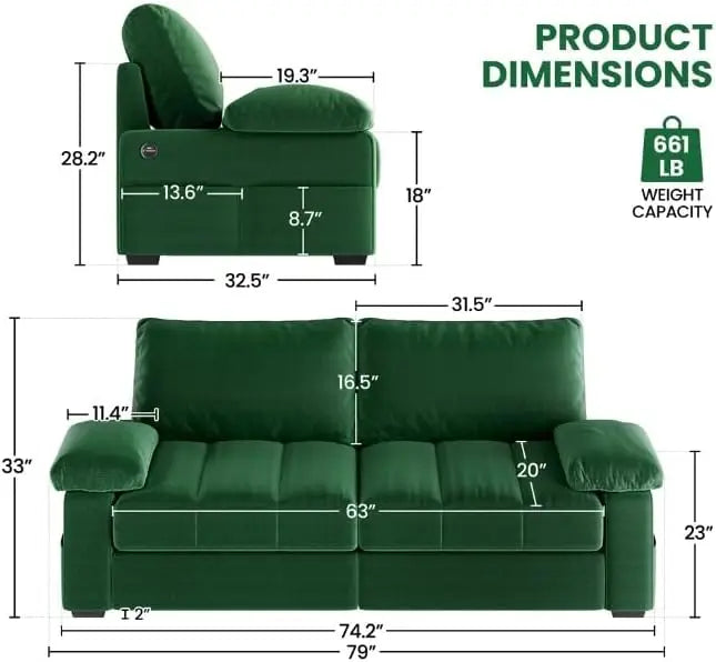 79" Velvet Couch, Comfy Sofa with Pocket Coils, Deep Seat, Storage Pockets and USB Ports, Loveseat Sofas with Removable Cover