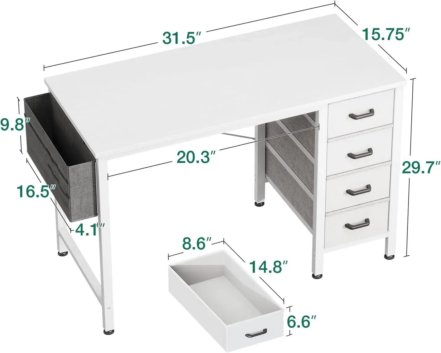 32-Inch Small Computer Desk with 4 Fabric Drawers, Storage, Side Hook and Cloth Bag, Kids Desk Study/Work Table
