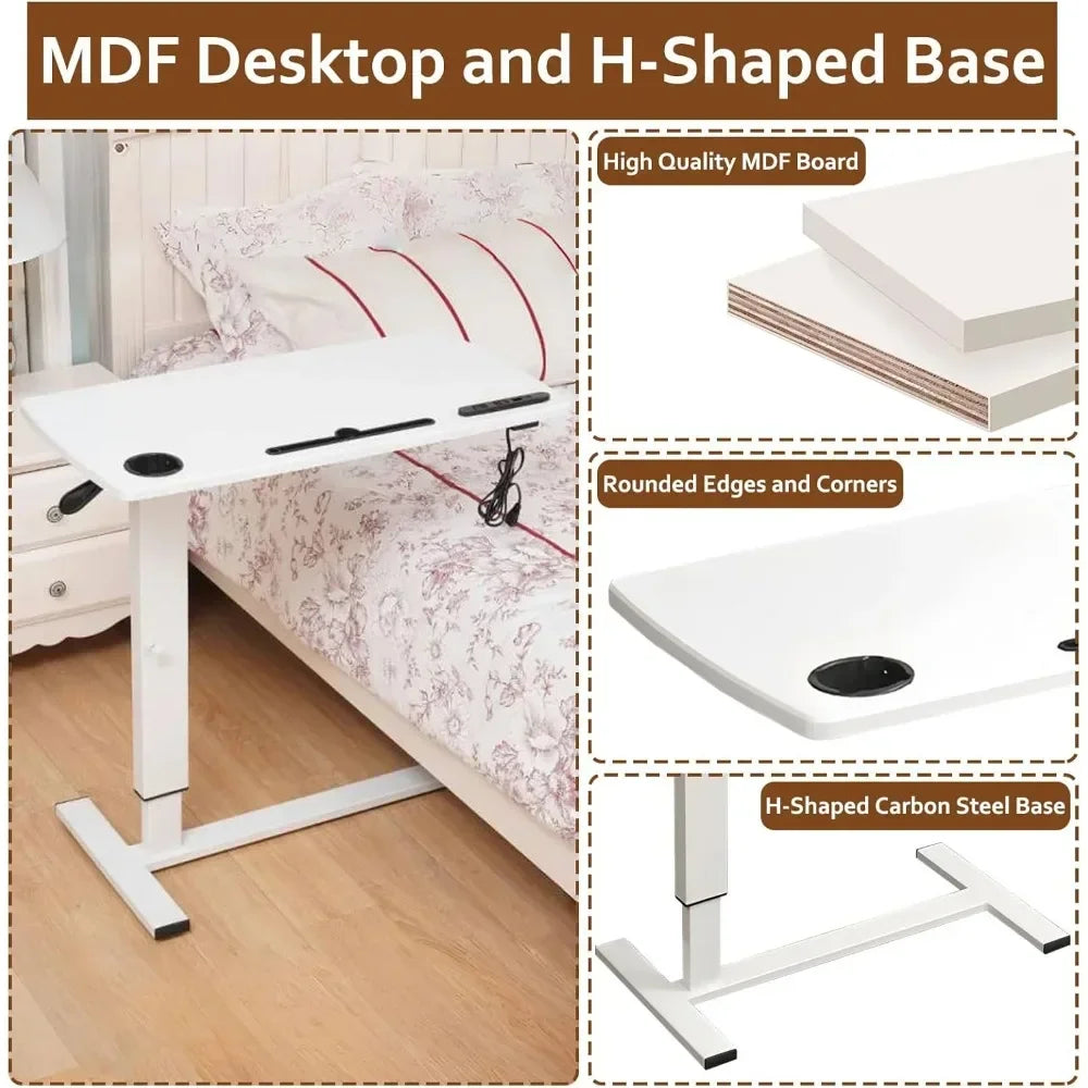 Overbed Bedside Table with Wheels, Height Adjustable Hospital Bed Table, Mobile Laptop Computer Standing Desk Cart with USB Port