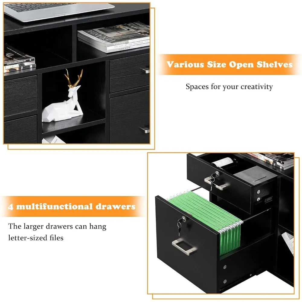 Wood Mobile File Cabinet with 4 Drawers and Shelves, Printer Stand with Open Storage, Locking Lateral Filing Cabinet for