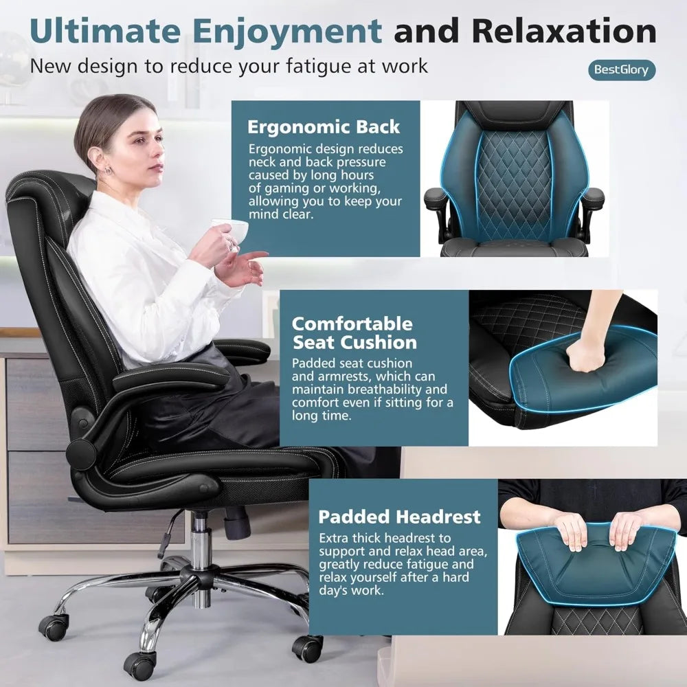 Office Chair, Ergonomic High Back Home Office Desk Chair, Big and Tall Breathable Leather Office Chair with Lumbar Support Flip-