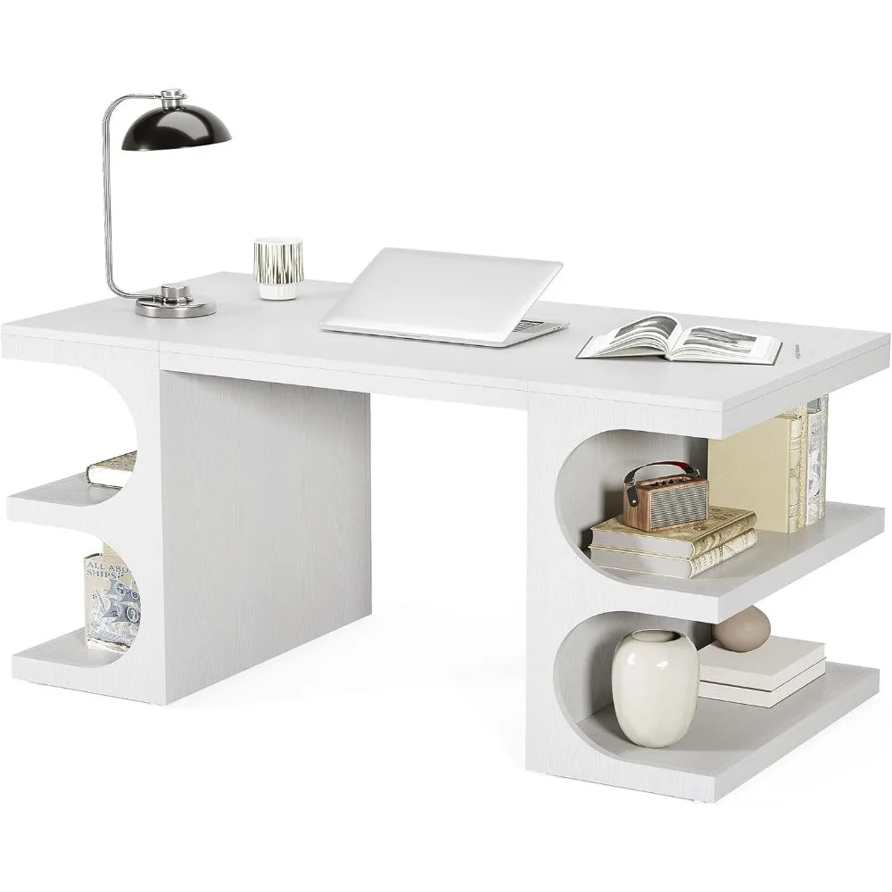 62.2-Inch Executive Desk, Modern Home Office Desks, Office Table with Storage Shelves for Workspace, Large Computer Desk, Long