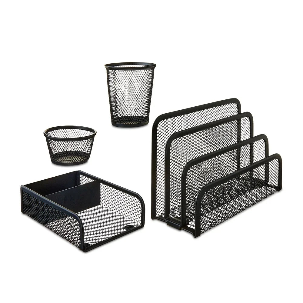 Metal Desk Organizer Set 4 Pieces Mesh Design Letter Sorter Pencil Cup Memo Holder Clip Holder Durable Office Home Storage