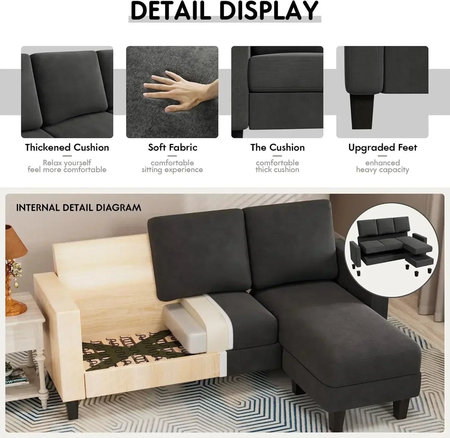 Convertible Sectional 3 L-Shaped Couch Soft Seat with Modern Linen Fabric, Space-saving Sofas