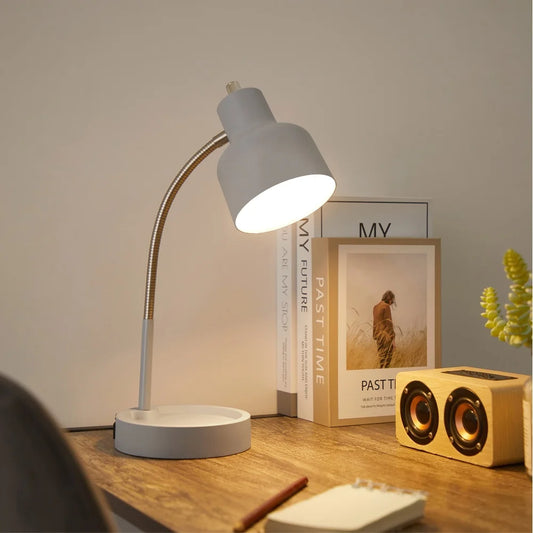 LED Desk Lamp with Catch-All Base AC Outlet Flexible Gooseneck Integrated LED Bulb Energy Efficient Storage Solution Workspace