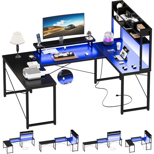 U Shaped Desk with Hutch, Reversible L Shaped Computer Desk with Power Outlets and LED Strip, Large Office Table with Monitor S