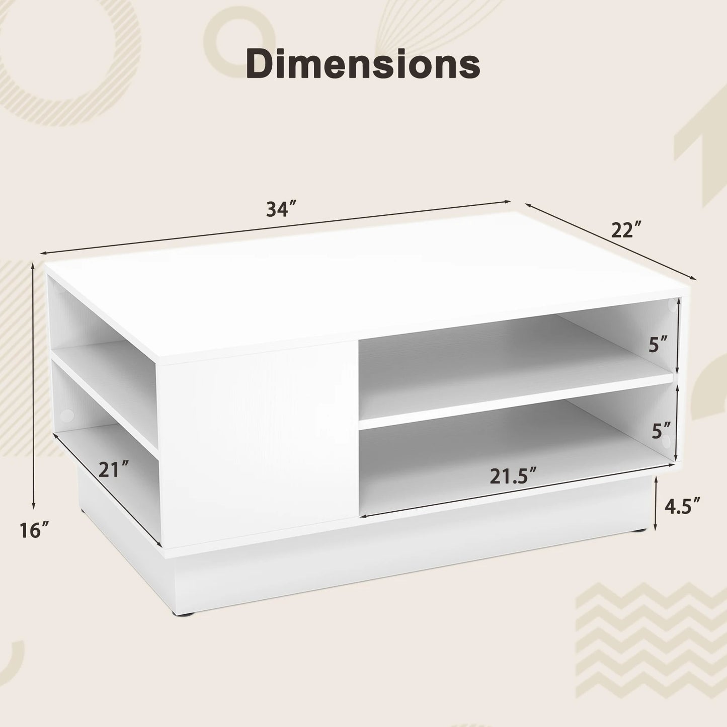 34" Long Rectangle Center Table Coffee Table w/ 2-Tier Open Storage Shelves