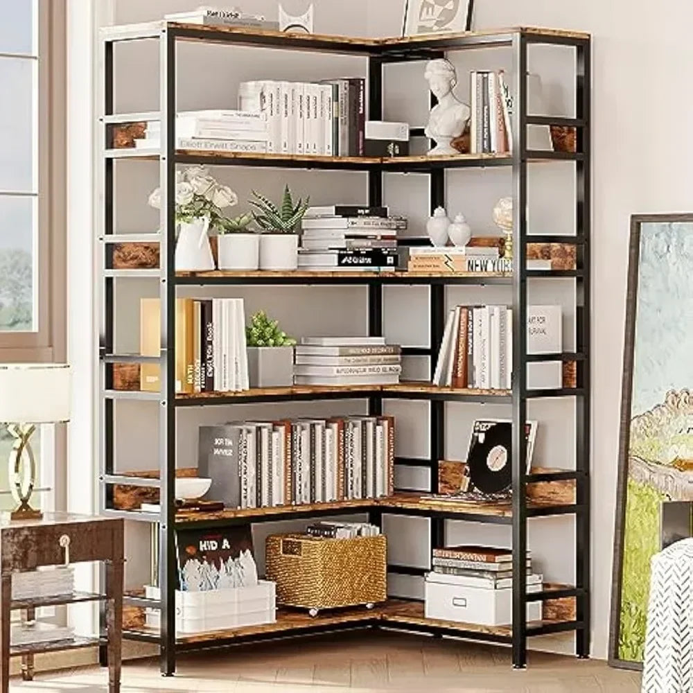 Bookshelves 6 Tiers Corner Bookcases with Baffles Etagere Shelf Storage Rack with Metal Frame for  Home Office