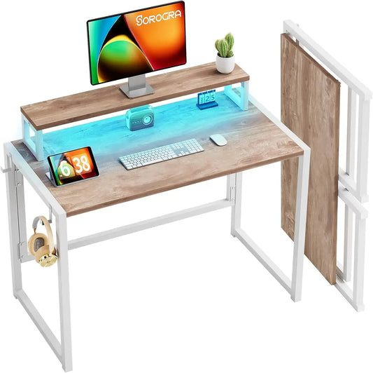 Desk 39.4 Inch, Foldable Computer Desks with LED Lights and Monitor Stand, Work Portable Table for Bedroom Home Office, Vintage