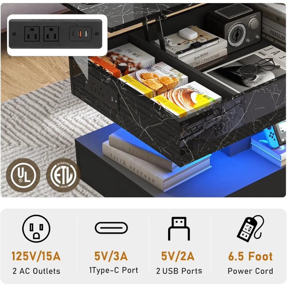 Large Lift Top Coffee Table with Charging Station, LED Modern High Glossy Center Table with Hidden Compartment Storage