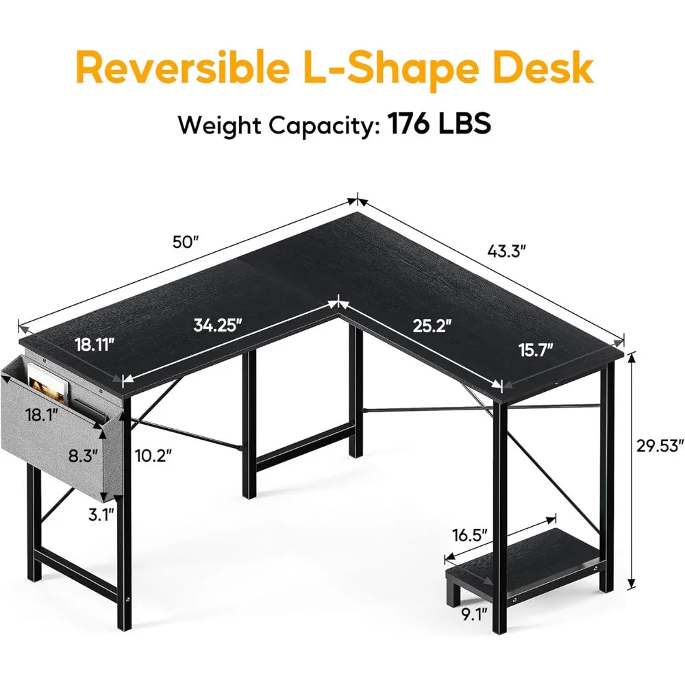 L Shaped Desk Gaming Computer 50 Inch Reversible Corner Table PC for Writing Study Student with Wood Tabletop Metal Frame CPU St