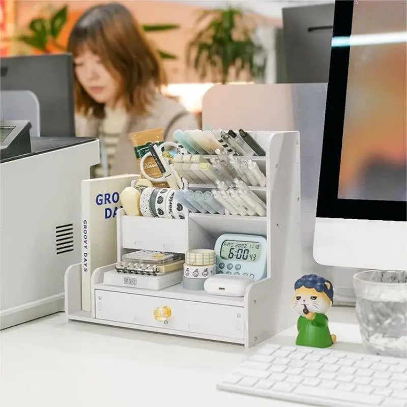 Desk Organizer, DIY Desk Organizer with Drawer - Multi-Functional Pen Holder, Easy Assembly Office Art Supplies Storage
