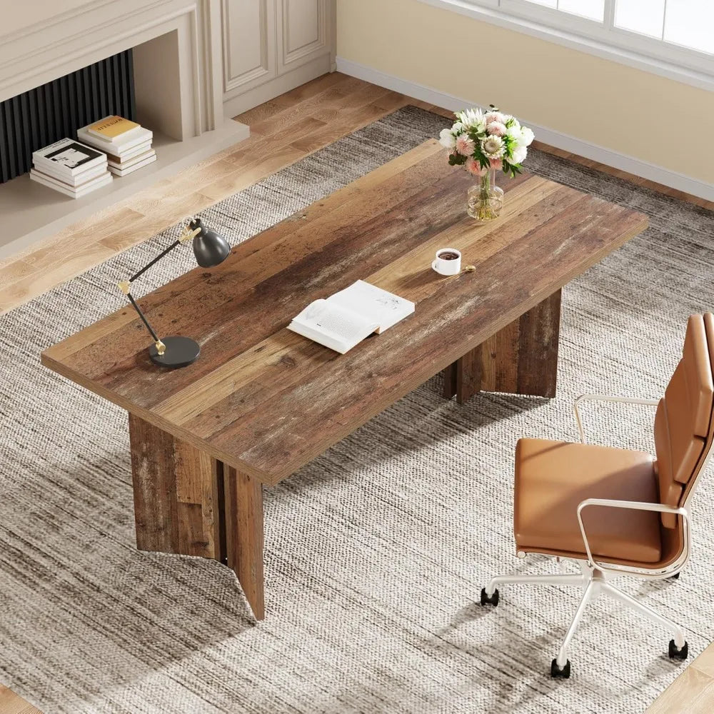 63-inch Executive Desk,Vintage Home Office Computer Desk with Large Tabletop,Farmhouse Wood Writing Conference Table Workstation