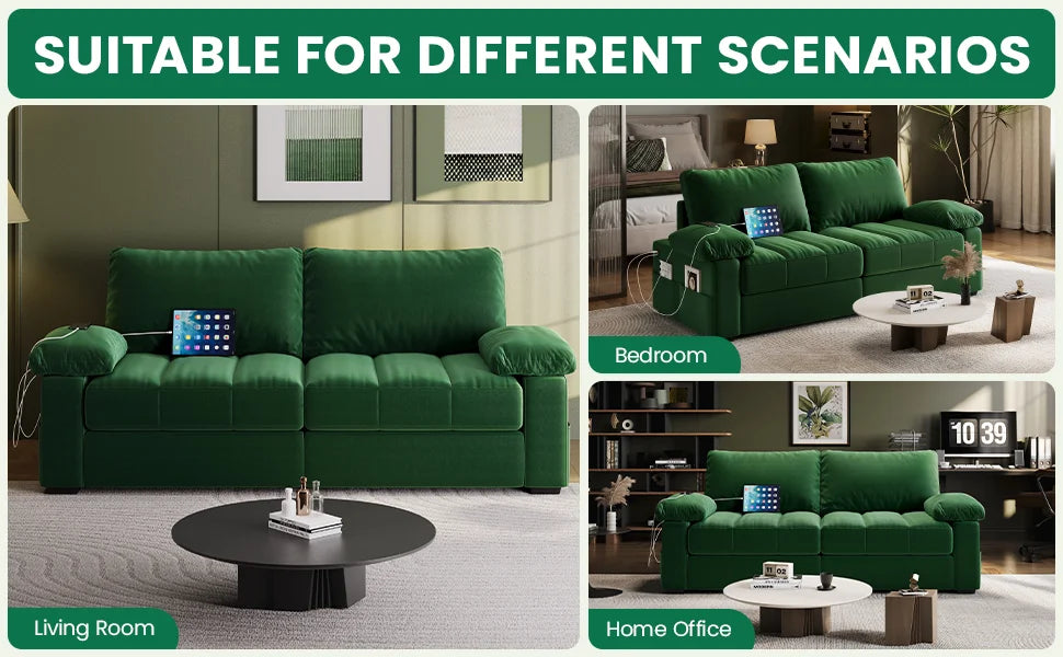 79" Velvet Couch, Comfy Sofa with Pocket Coils, Deep Seat, Storage Pockets and USB Ports, Loveseat Sofas with Removable Cover
