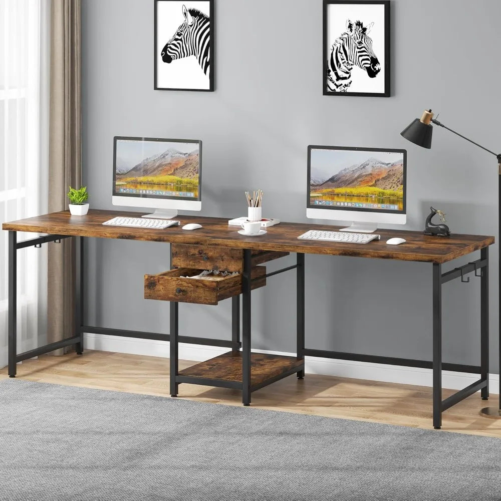two person desk, 79 inch double desks with 2 drawers, large computer desk long desks with storage shelves, writing table study