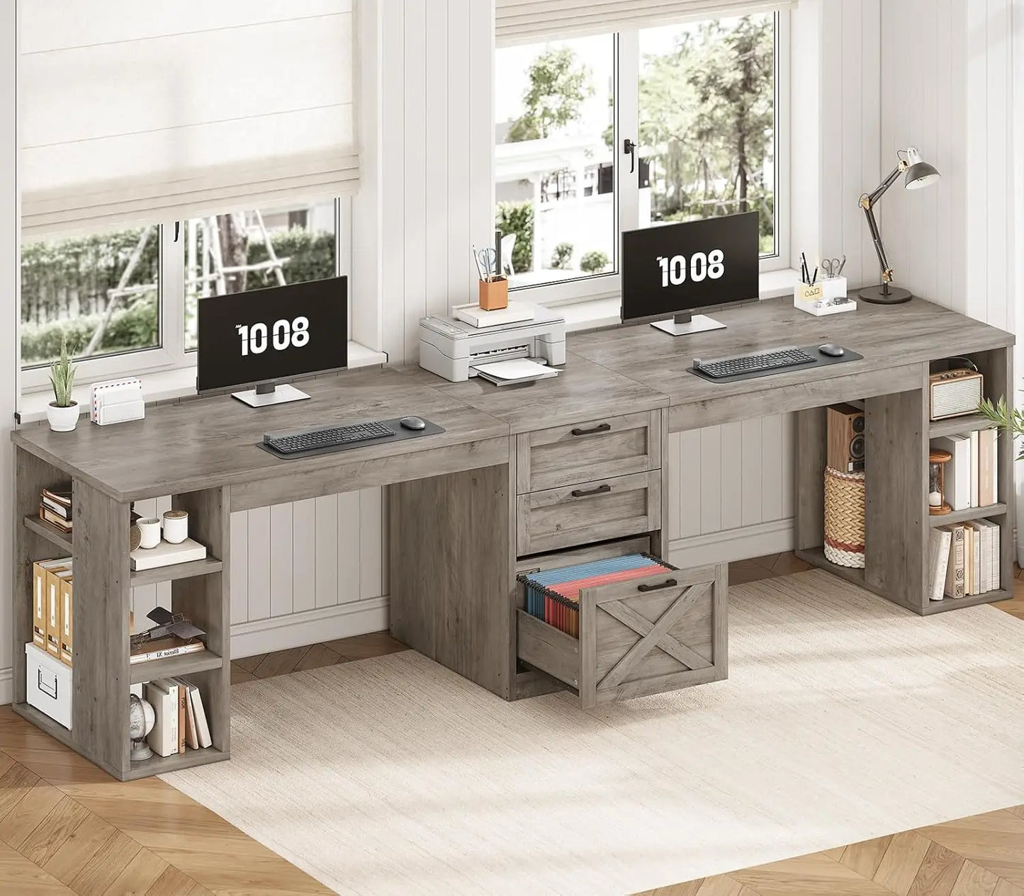 Farmhouse 96.5" Computer Desk with Drawers, 2 Person Home Office Desk, Gaming Double Desk with Storage Shelves, Long Two