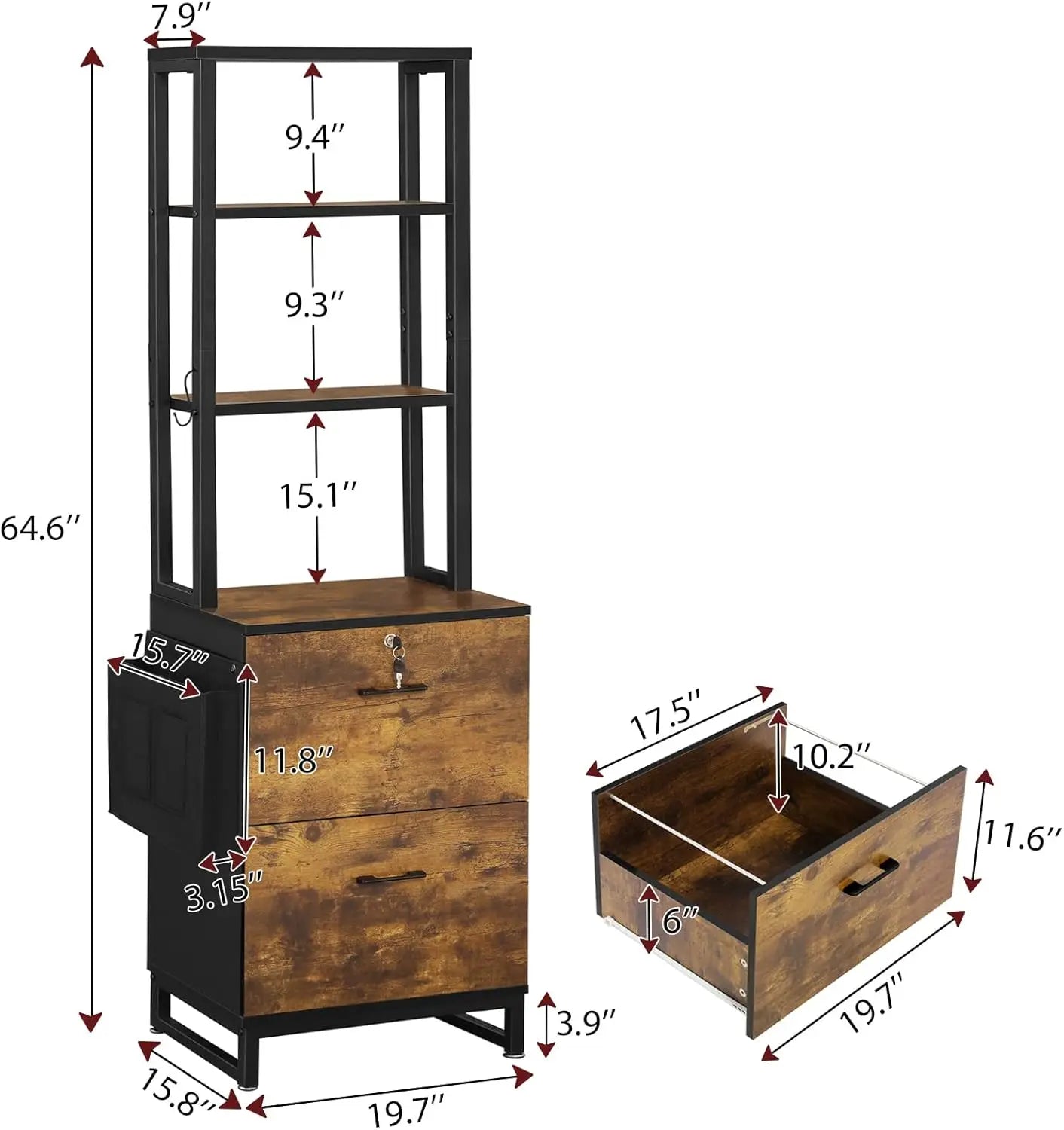 2 Drawer File Cabinet with Lock,Fits Letter, Legal, A4 Size, Hanging File Folders,Adjustable Storage Shelf and Hook,Rustic Brown