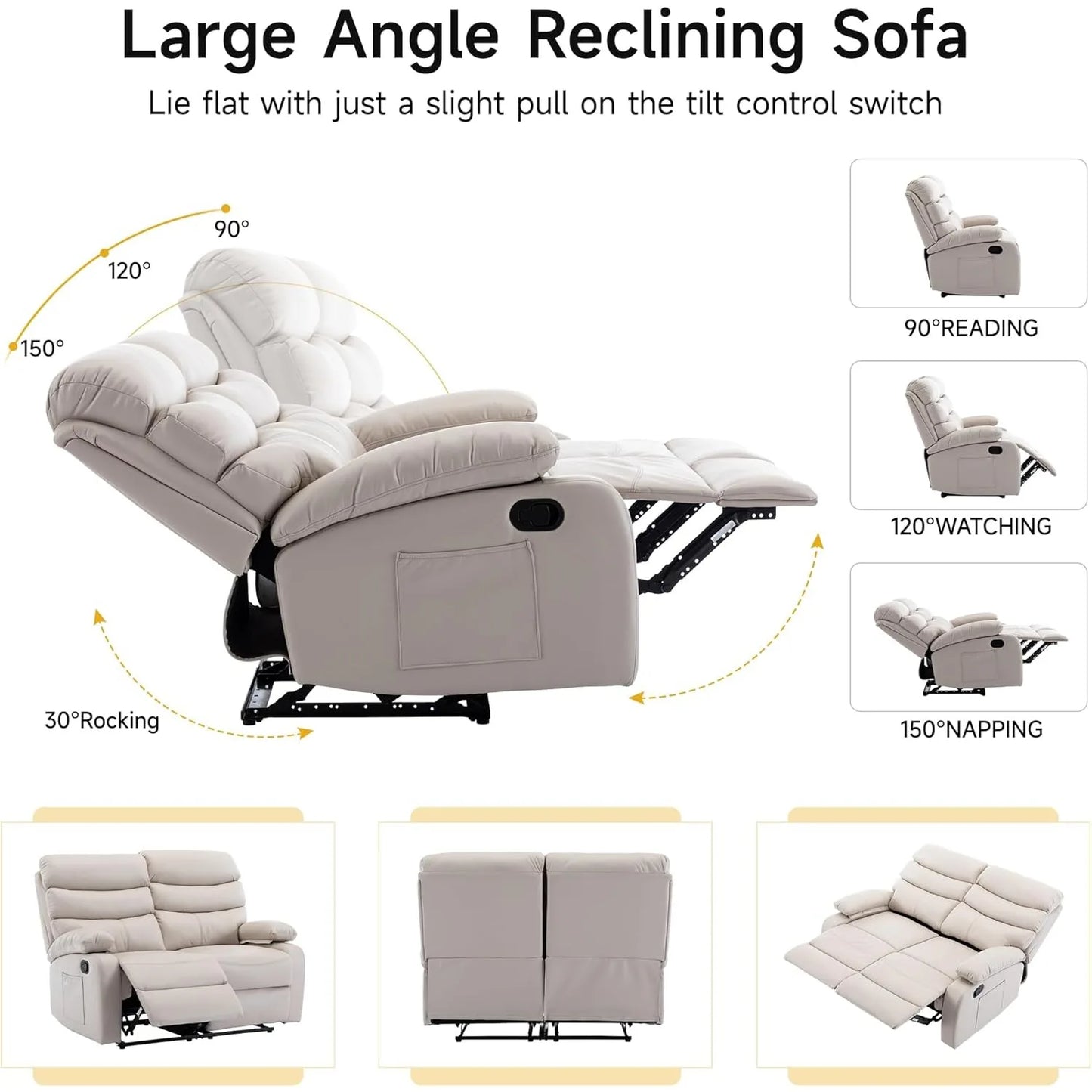 Reclining Loveseat, Leather Double Recliner Sofa with Side Pocket, Wall Hugger Loveseat Recliner