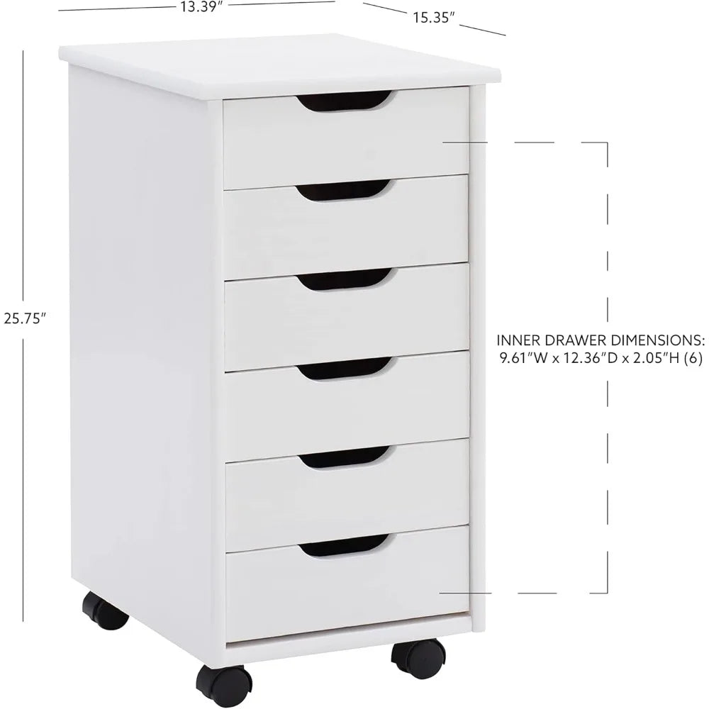 Corinne Six Drawer Storage, White Wash Rolling Cart