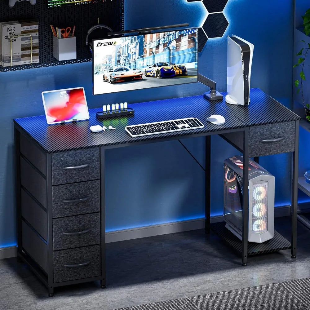 Computer Desk with 5 Fabric Drawers, 47 Inch Home Office Desk with Storage Shelves, Gaming Writing Work Study Table for Bedroom,