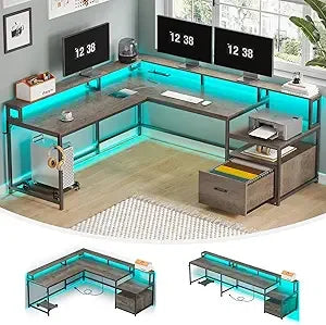 L Shaped Office Desk, 66" Corner L Shaped Computer Desk with File Drawer & Power Outlet for Home Office, Gaming Table with Led