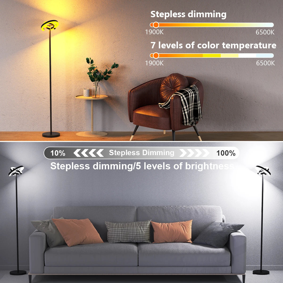 Modern Standing LED Floor Lamp with 2 Rotatable Lights, Remote & Touch Control, Bright Stepless Dimmable, Ideal for Office