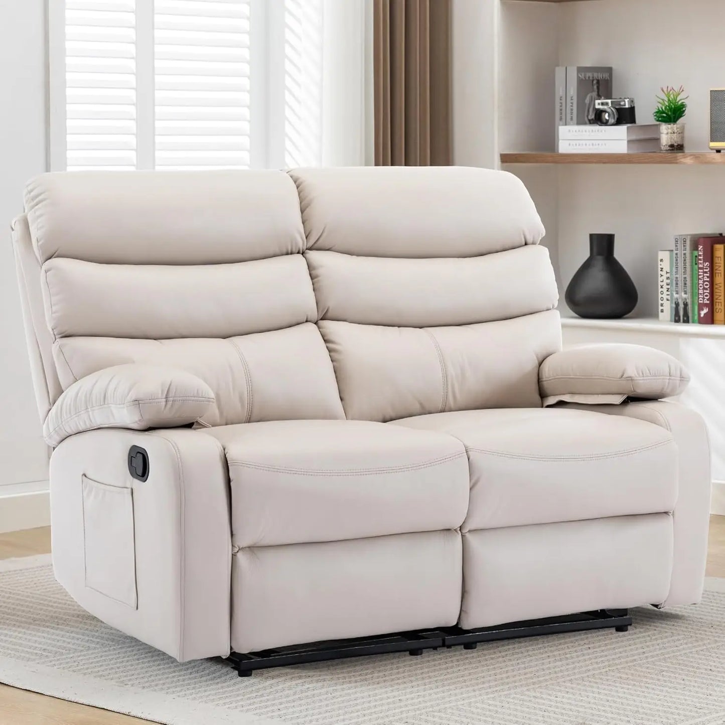Reclining Loveseat, Leather Double Recliner Sofa with Side Pocket, Wall Hugger Loveseat Recliner