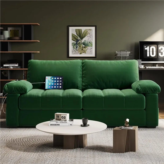 79" Velvet Couch, Comfy Sofa with Pocket Coils, Deep Seat, Storage Pockets and USB Ports, Loveseat Sofas with Removable Cover