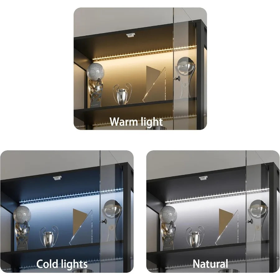 Trophy Case with Glass Doors 4Tier Display Case with Sensor LED Lights Display Cabinet with Shelves for Collectible Black Frame
